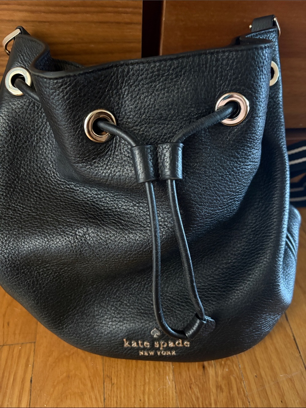 kate spade Black Pebbled Leather Drawstring Shoulder Bag with Gold Hardware